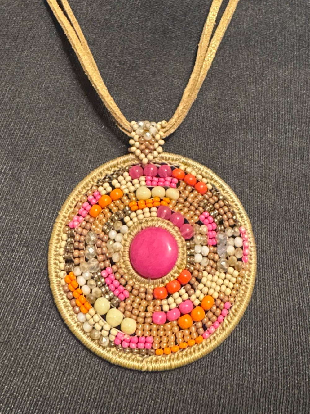 Chico's Pink, Orange & Tan Beaded Round medallion Pendant Necklace